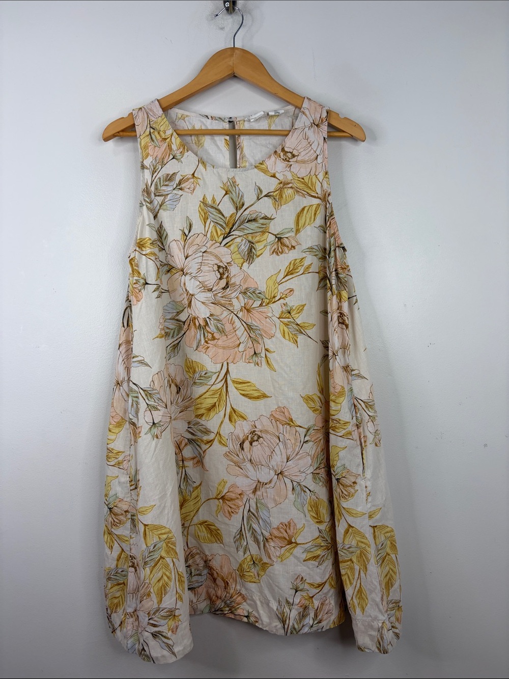 Nicole Miller Dress Womens Large Beige Peach Floral Linen Sleeveless Pockets